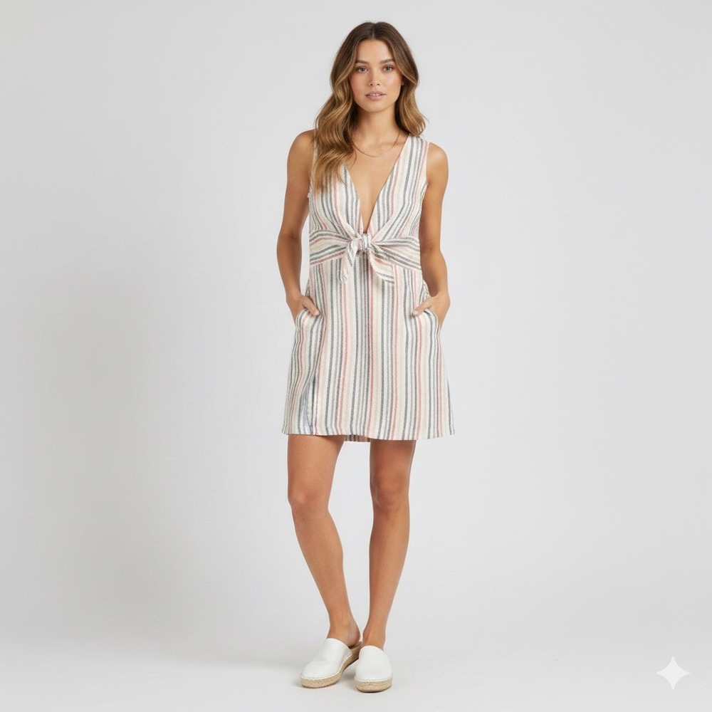 Olivaceous Linen‎ Blend Striped Dress S Plunge V Front Knot Pockets NWT
